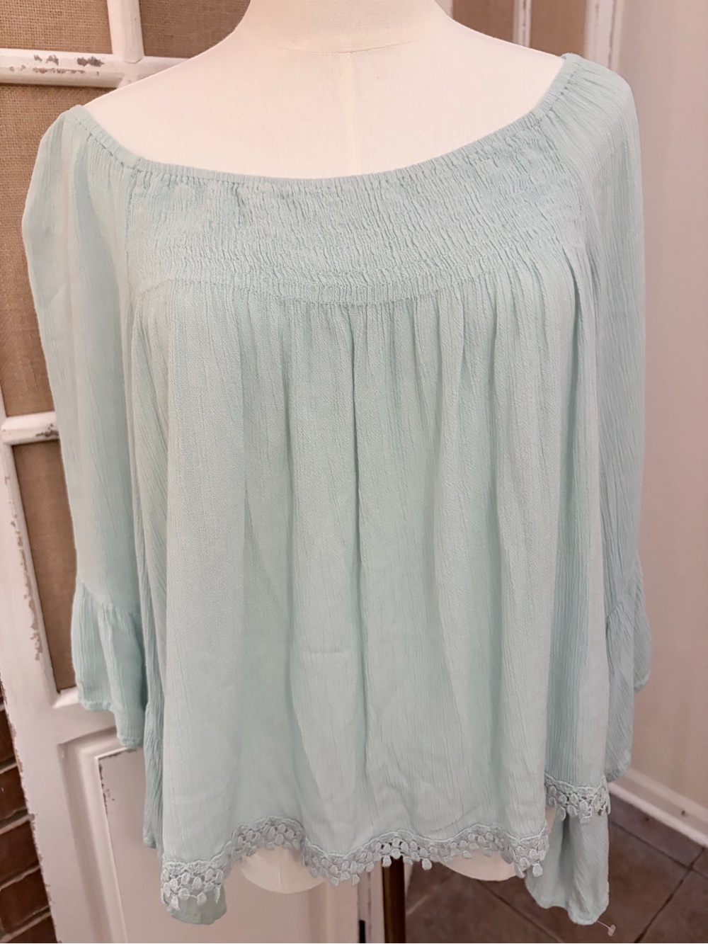 Raga Sea Foam Green  Boho Smocked Bell Sleeve Pom Pom Trim Top L